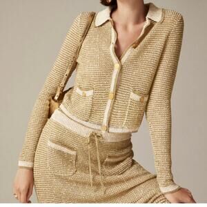 J Crew Women's Metallic Yarn Collared Cardigan Medium Gold Contrast Trim